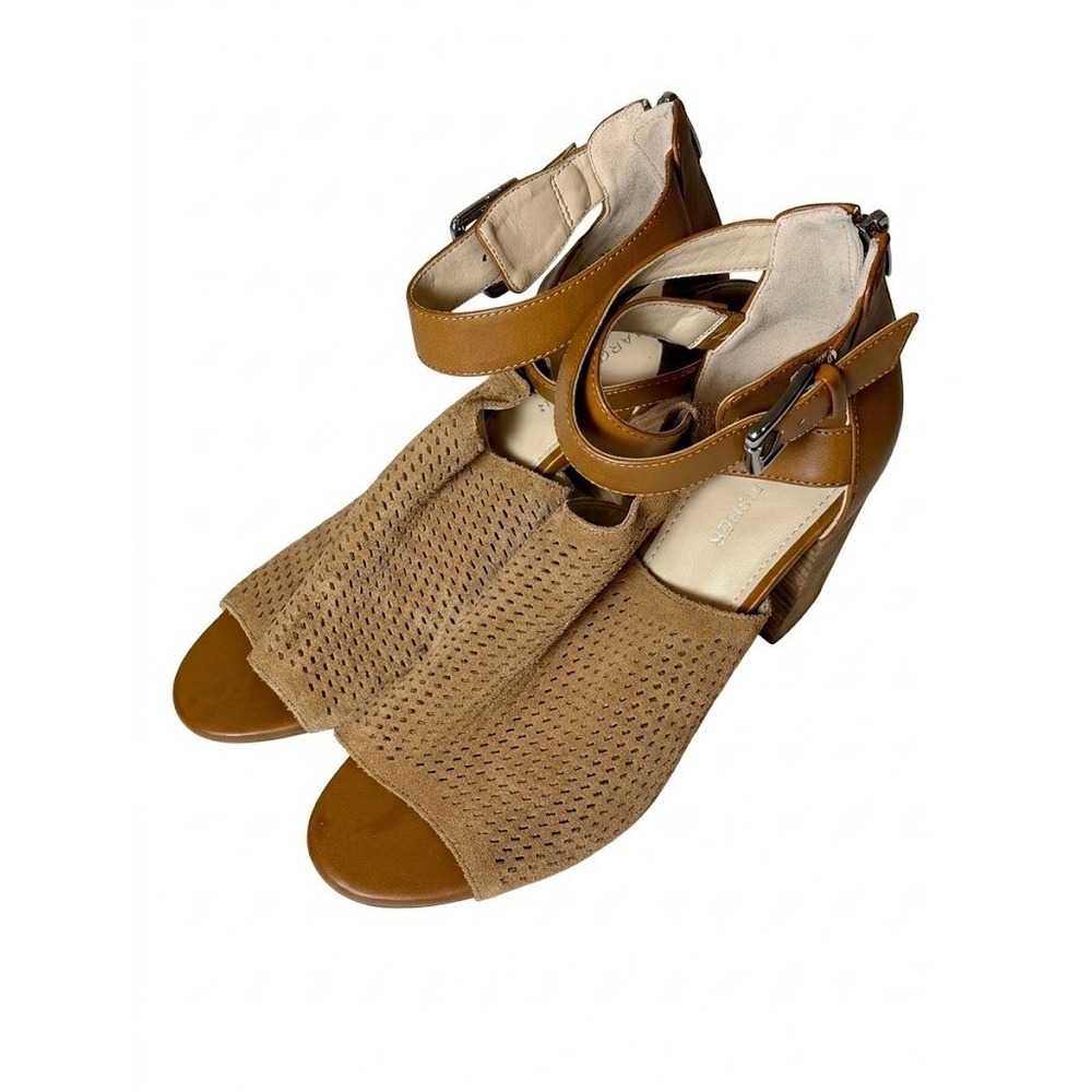 Marc Fisher Gabie Tan‎ Perforated Suede Block Heel Sandals Womens 9.5M Leather